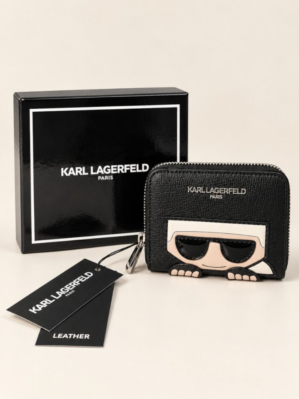 Karl Lagerfeld Paris Ikonik Karl Small Black Leather Bifold Wallet NIB